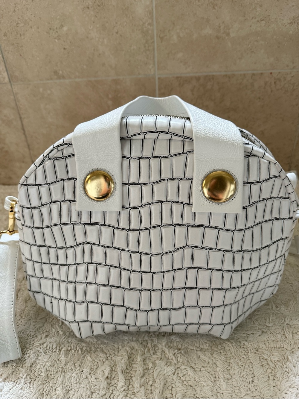 NWOT Daniella Lehavi White Croc-Embossed Dome Satchel with Gold Hardware - Picture 3 of 5